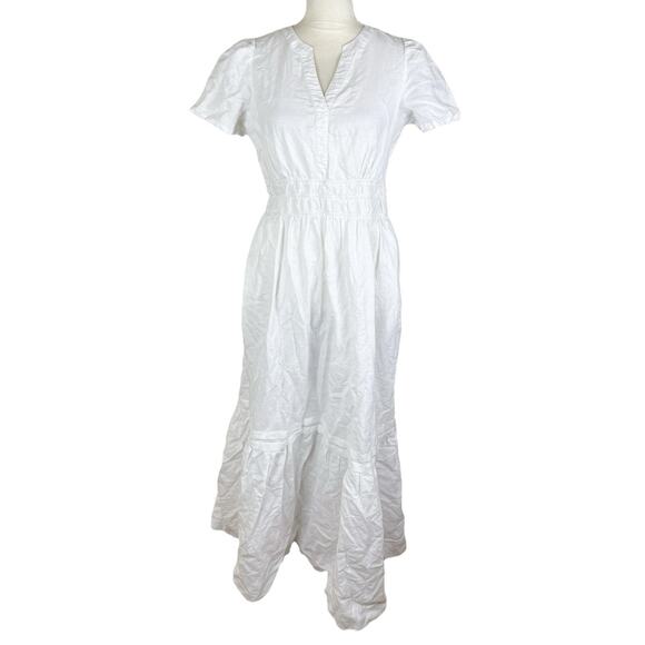 J. McLaughlin White Poplin Linen Cotton Midi Dress Short Sleeve V-Neck Sz Small - Picture 1 of 6